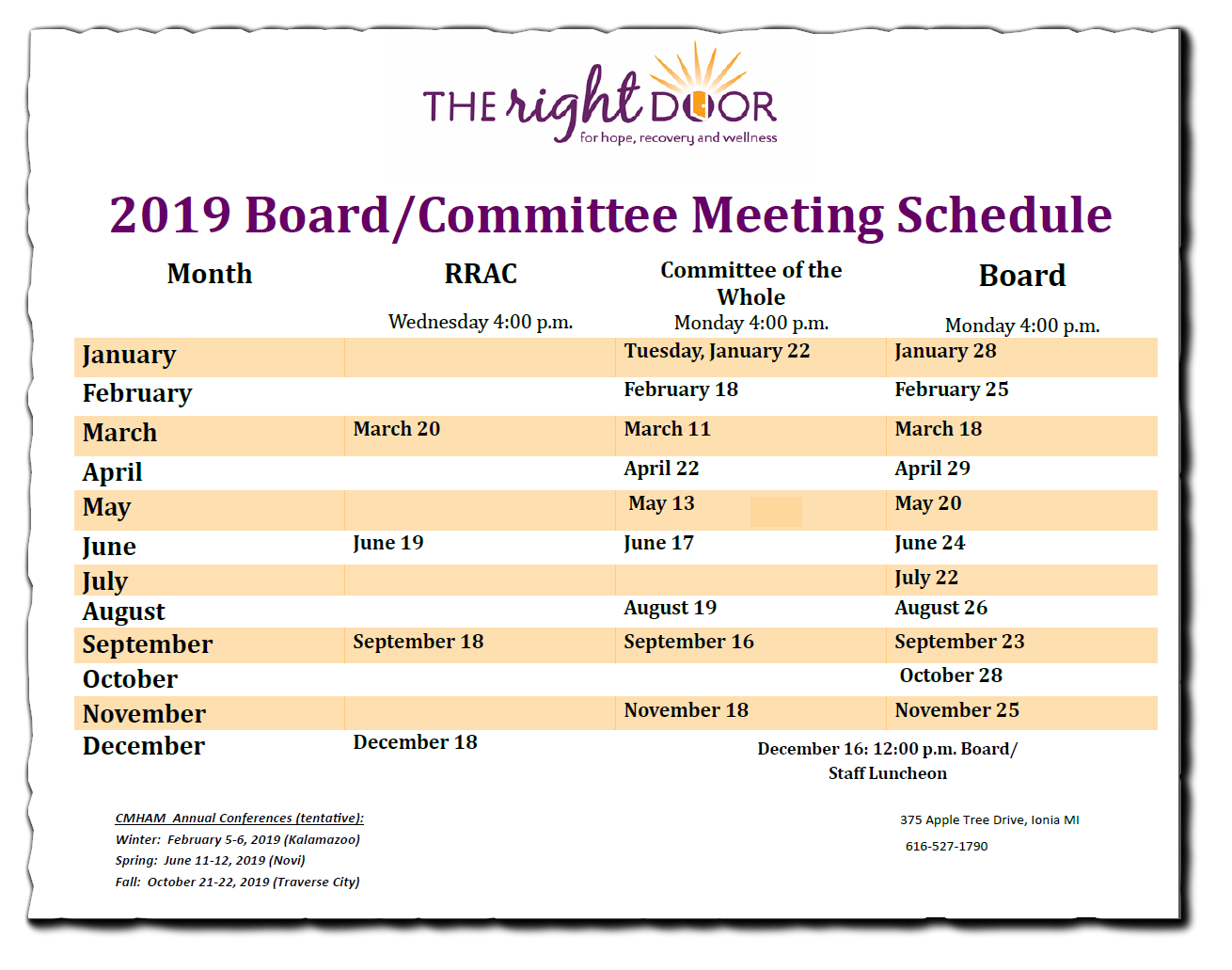 Committee of the Whole & Board Meeting Schedule The Right Door