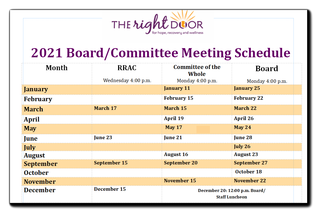 Committee of the Whole & Board Meeting Schedule | The Right Door